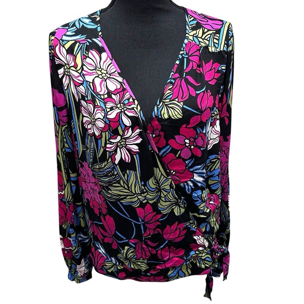 Anthropologie Tiny Womens Finley Faux Wrap Top Black Pink Floral Long Sleeve M